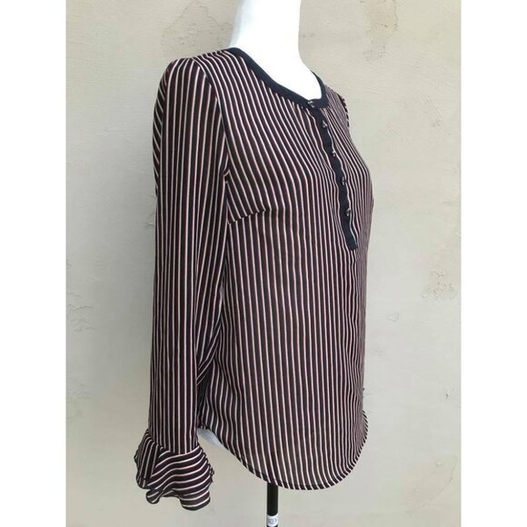 MODCLOTH Chiffon Blouse Size Medium Navy Blue Red Stripe Ruffle Trumpet Sleeves - Picture 4 of 7